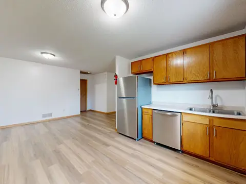 An empty apartment kitchen with oak cabinets, a stainless steel refrigerator and dishwasher, a double sink and a pale plank floor