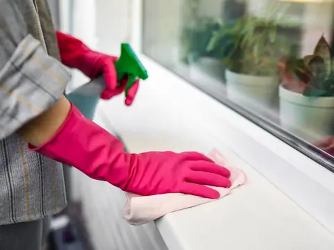 Hands in pink rubber gloves wiping a white window sill with a cloth and holding a spray bottle, with potted plants behind the glass